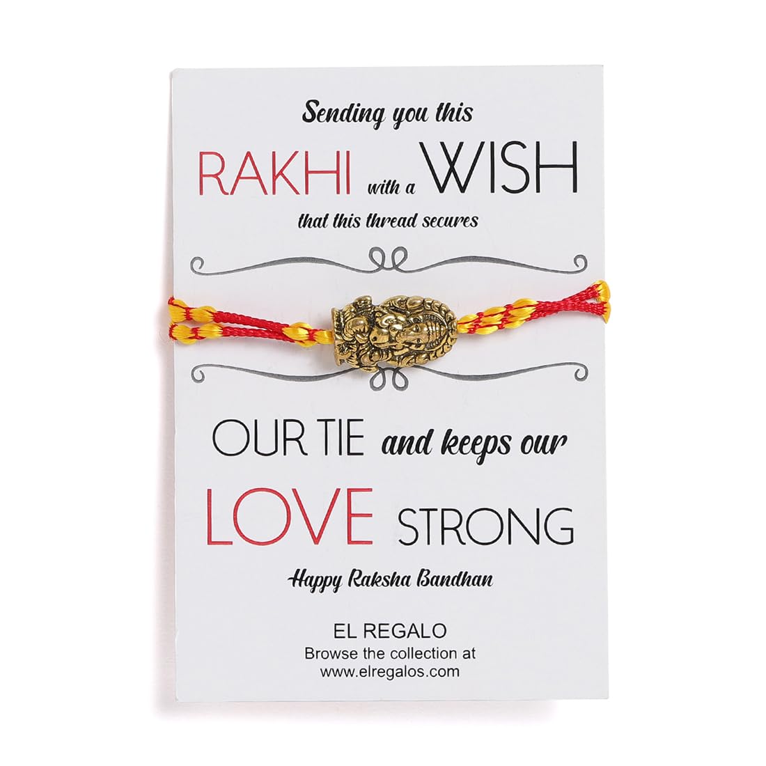 El Regalo OM Ganesha Red Thread Rakhi for Brother/Bhai/Bhaiya- Auspicious OM/Aum, Ganesha Rakhi with Roli Chawal Shagun, Rakhi Message Card in Rakhi Gift Box (Ganesha Moli)