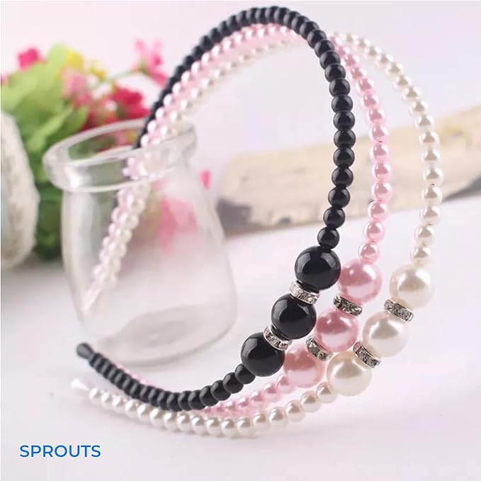 El Regalo 3 PCs Pearls Rehinestones Party Hairbands/Headbands for Girls- Pink, Black & White Pearl Beads Hairbands- Wedding Hair Accessories for Kids, Girls & Women