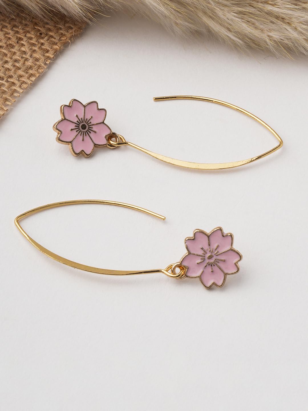 El Regalo 2 Pairs Beautiful Enamel Flowers Long Hook Earrings for Women/Girls - Cute Floral Charms Western Danglers (Pink & Black Flower)