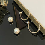 El Regalo Unique Pearl Hoop Earrings - Open C-Shape, Geometric Pearl & Rhinestone Inlay, French Fashion, Exaggerated Statement Earrings for Women & Girls