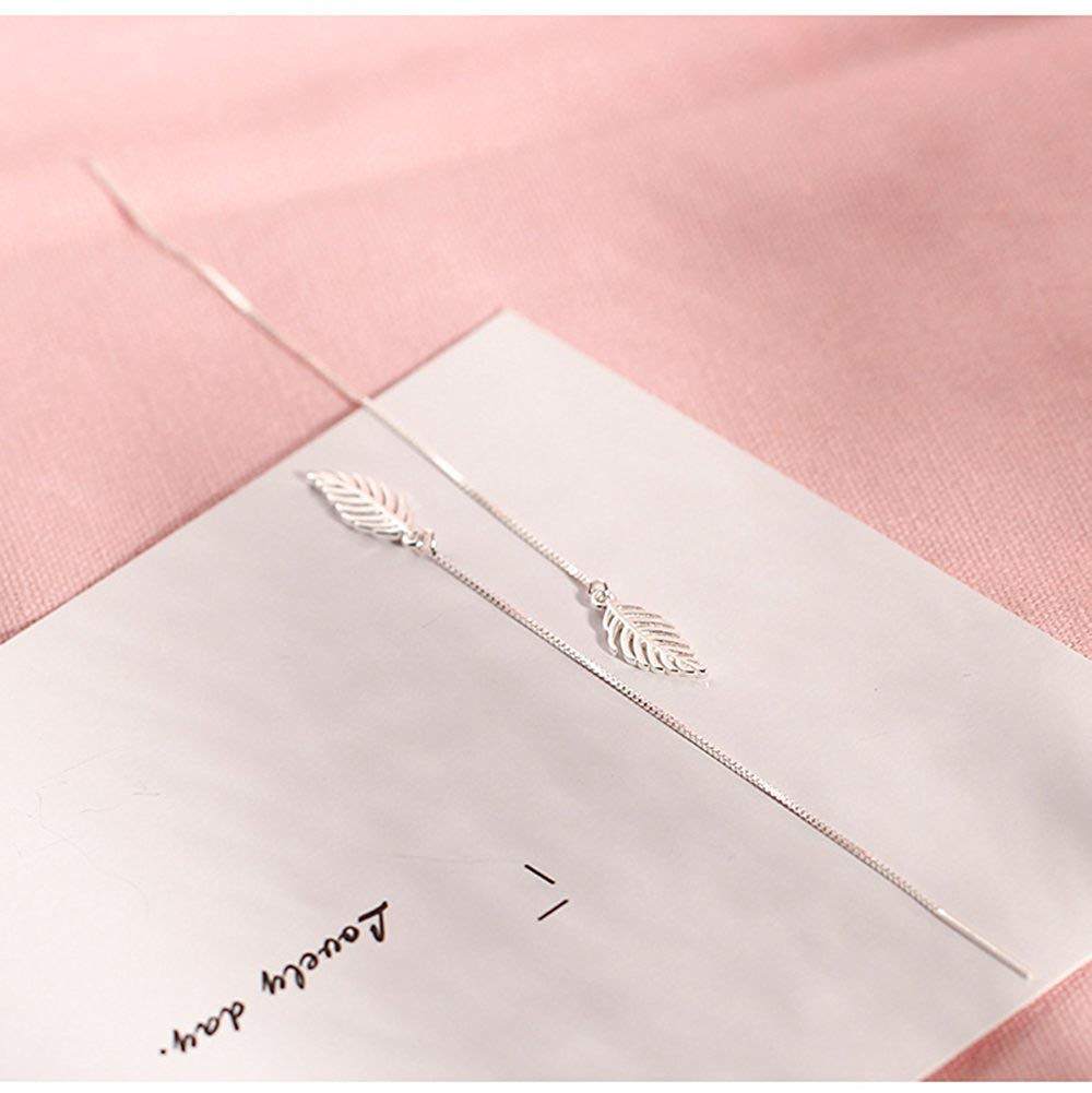 El Regalo 925 Silver Plated Minimalist Long Thin Linear CZ Elegant Threader Dangle Chain Earrings for Girls & Women (Leaves Threaders)