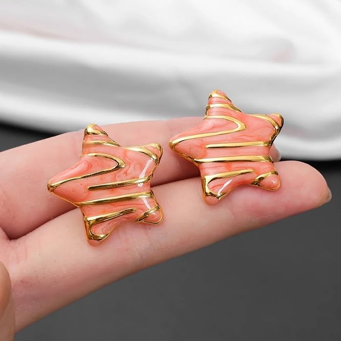El Regalo Stainless Steel Star Stud Earrings for Girls & Women | Anti-Tarnish Gold Plated Cute Star Shape Enamel Contenporary Fashion Studs Earrings (Peachy Pink)