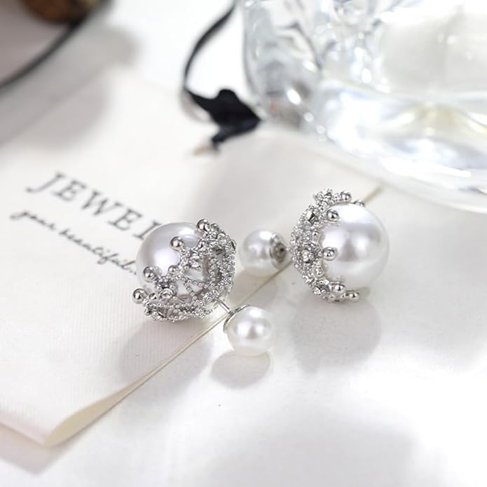 El Regalo Beautiful Double Sided Pearl Earrings for Women - Elegant Crown Rhinestone Front Back Studs | Korean Style Moti Earrings (Silver White)