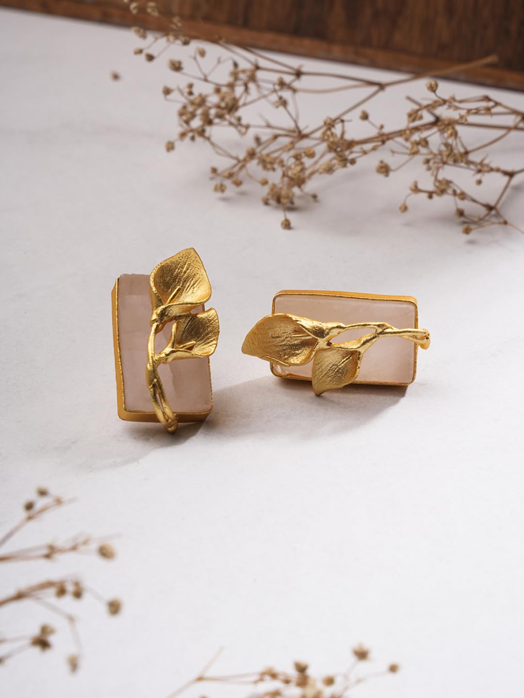 El Regalo Fancy Leaf Raw Stones Stud Brass Contemporary Earrings - Gold Plated Matte Finish Stone Studs for Girls and Women (Pale Pink)