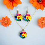 El Regalo Cute Enamel Rainbow Sunflower Smiling Face Necklace and Earrings Set for Girls & Women