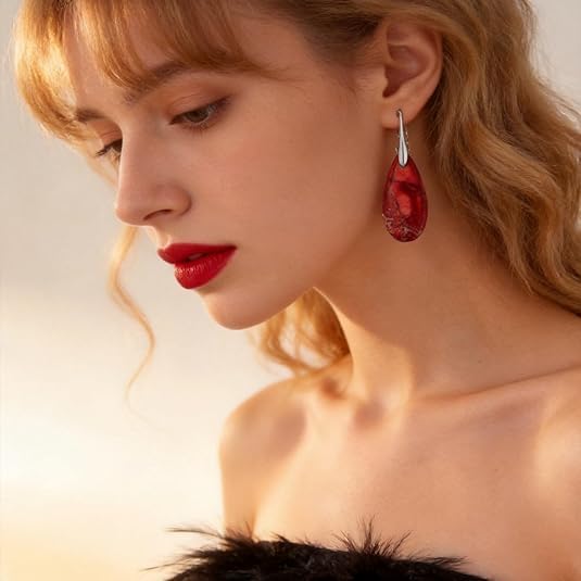 El Regalo Elegant Natural Stone Drop Earrings for Women | Vintage Teardrop Boho Dangle Earrings | Anti-Tarnish Western Statement Jewellery for Girls & Women (Red Silver)