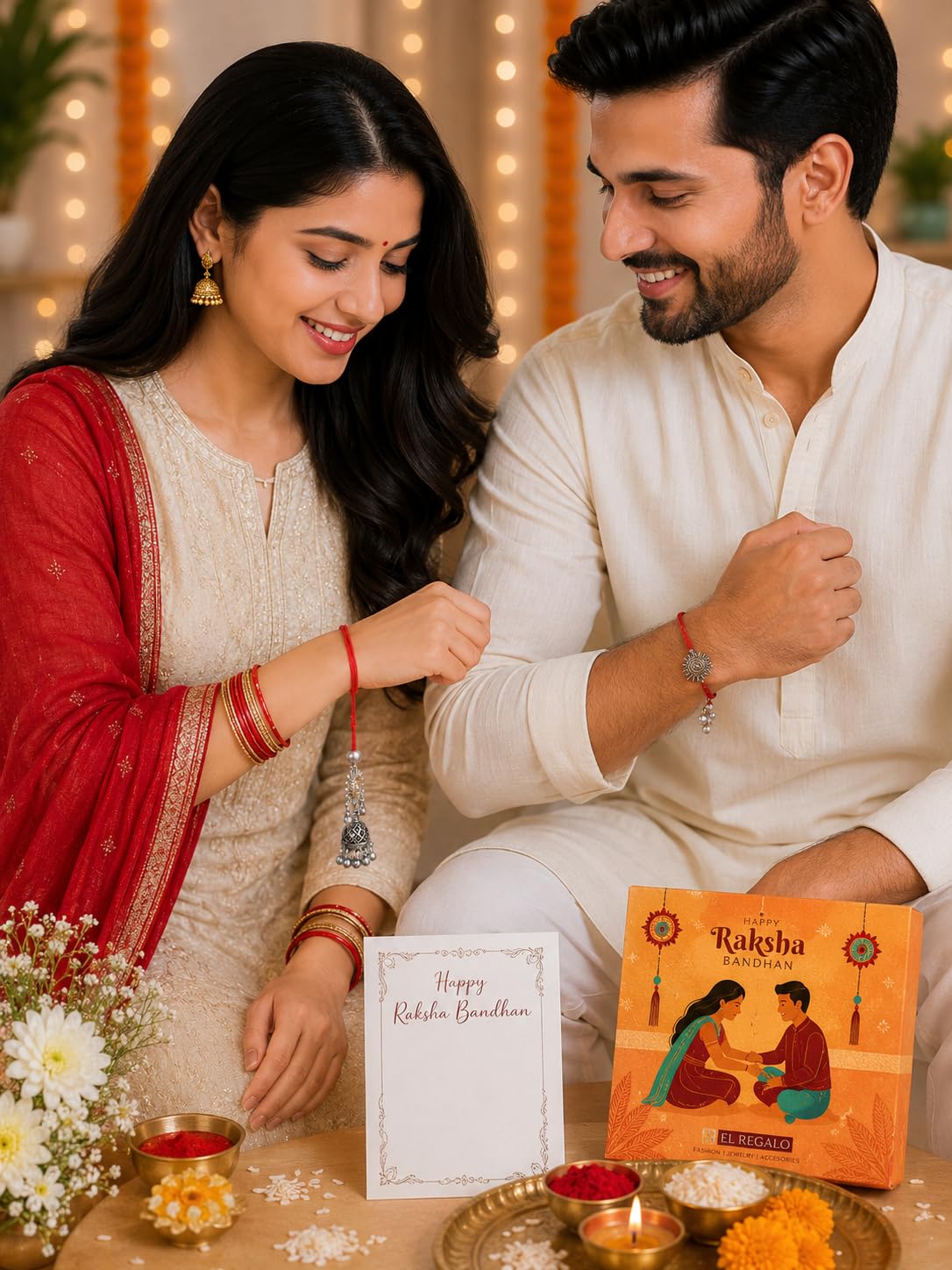El Regalo Red Lumba Rakhi Set For Bhaiya Bhabhi - German Silver Rakhi Combo Set with Roli Chawal, Message Card in Rakhi Gift Box
