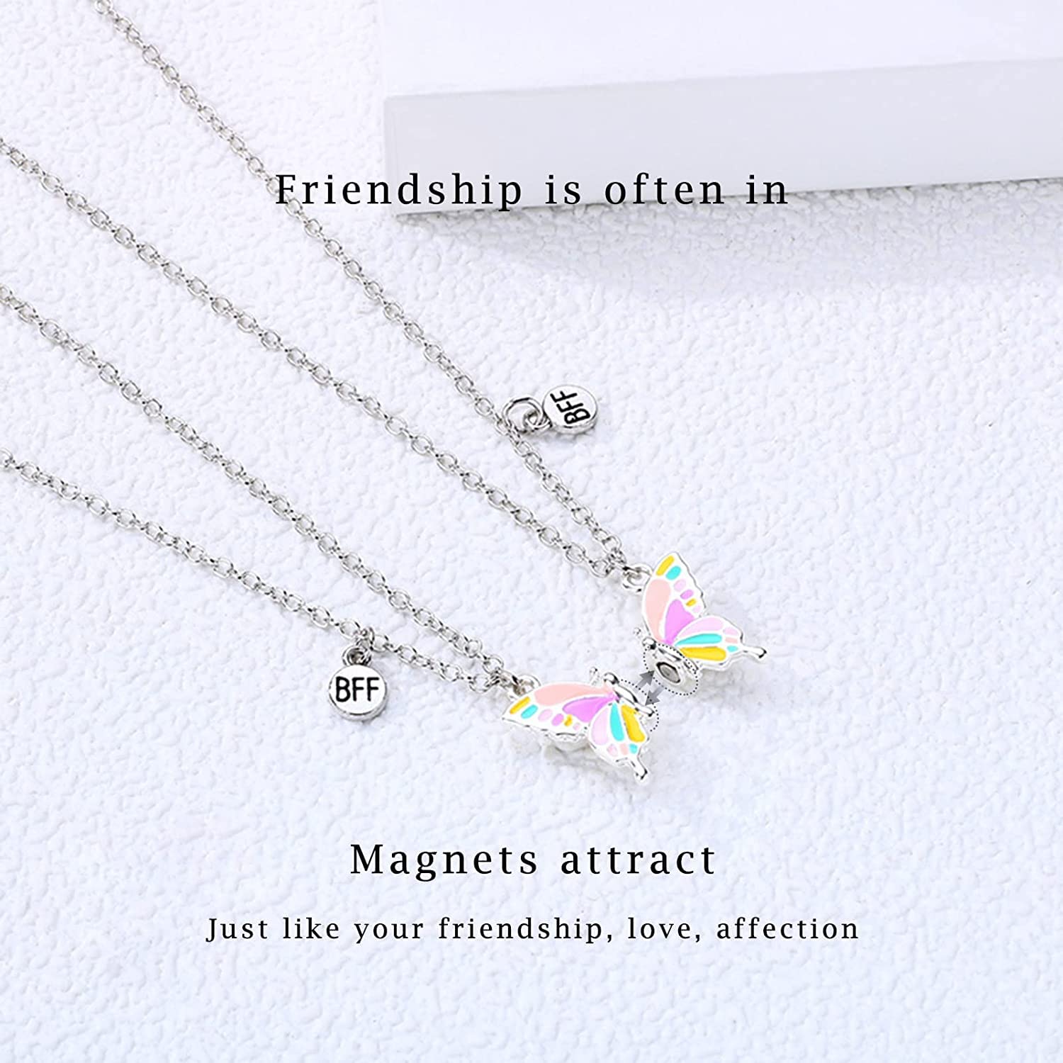 El Regalo Magnetic Butterfly BFF Necklaces for 2, Enamel Butterfly Friendship Magnetic Necklace for Teen Girls Women - Gift for Best Friends/Besties/Sisters (Multi Color Butterflies)