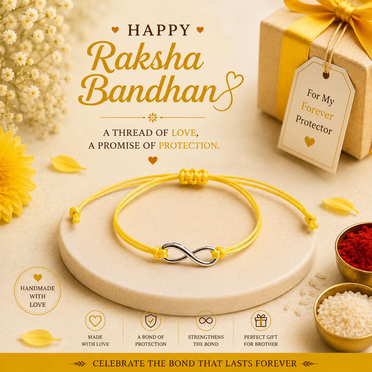 El Regalo 1PC Minimalist Infinity Rakhi for Brother- Simple Infinity Rakhi with Roli Chawal, Rakhi Message Card in Rakhi Gift box for Brother (Yellow)