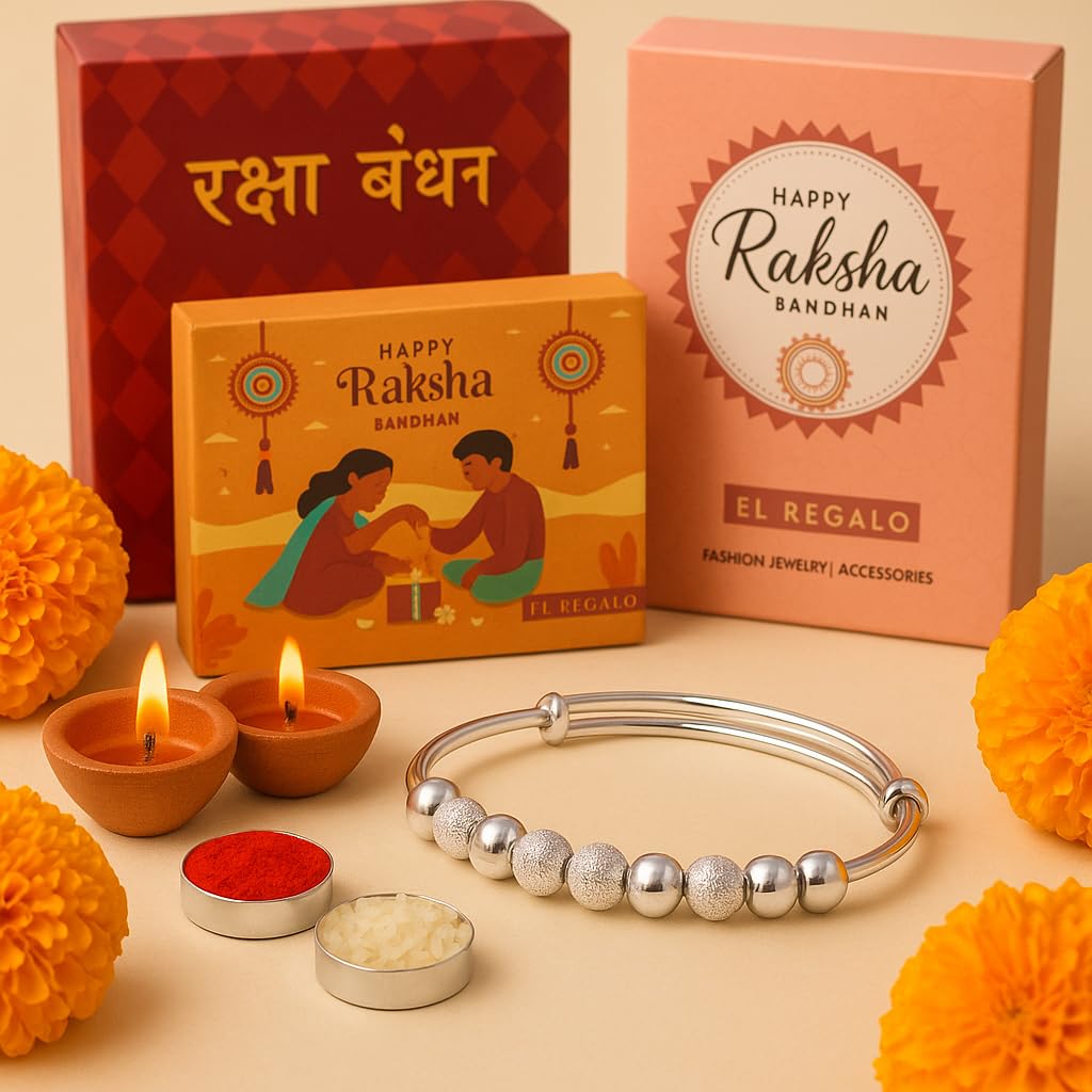 El Regalo Rakhi for Babies/Toddler/Baby Brother- 925 Silver Plated Bracelet Rakhi for Baby Brother with Roli Chanwal, Message Card in Rakshabandhan Box (Style-1)