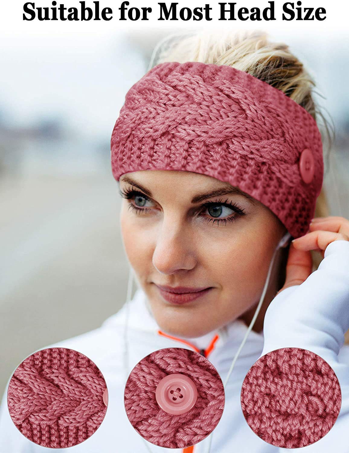 El Regalo 2 PCs Knitted Winter Woolen Warm Headband with Buttons for Face Mask Cover | Cold Weather Hair Accessories Head Wrap | Winter Headbands for Women & Men (Pack of 2) (Red & Pink)