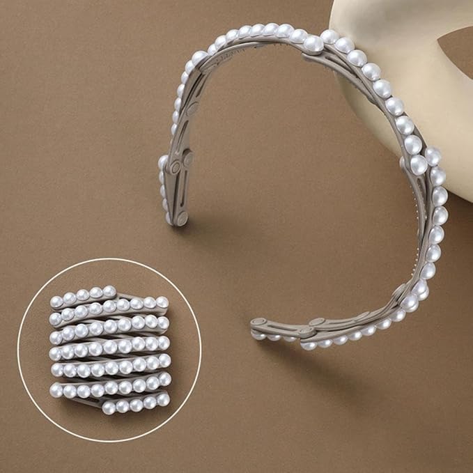 El Regalo Stretchable Foldable Pearl Headband for Women & Girls - Elegant Anti-Slip Hairband for Long & Short Hair, Portable Retractable Hair Accessory for Travel & Everyday Wear (Grey, One Size)