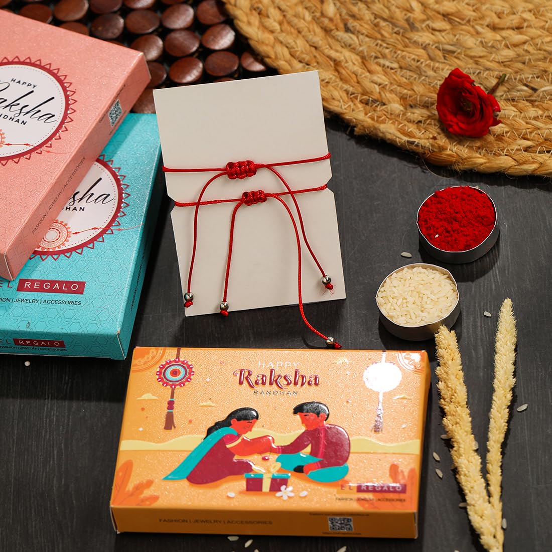 El Regalo 2PCs Red & Black String of Fate Bracelet Rakhi for Protection & Good Luck- 2Rakhis for Brother with Roli Chawal in Gift Box (Baby/Kids/Teens/Adults) (Heart Rakhis)