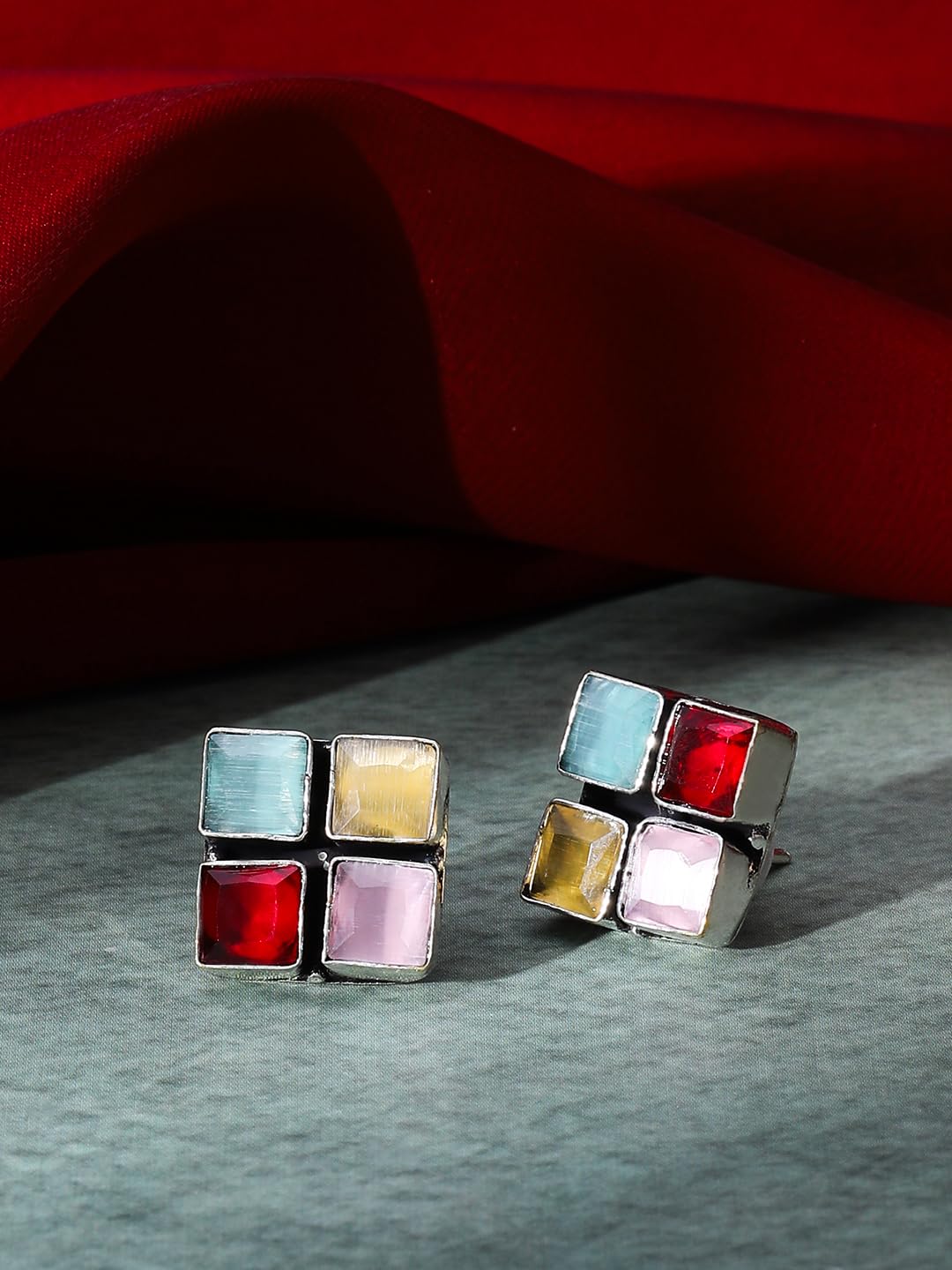 El Regalo 925 Silver Plated Oxidized Stud Earrings with Monalisha Stones - Square Bohemian Stud Earrings for Women - Tribal Antique Replica Earrings (Multi Color)