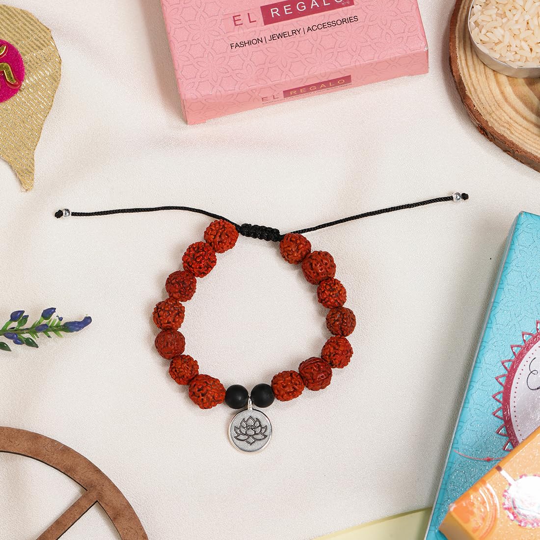 El Regalo Unisex 1 PC Natural Rudraksha Beads Adjustable Bracelet: Handmade Lord Shiva Rudraksha Beads Bracelet with Spritual OM/Aum, Budhdha, Lotus Charms (Silver Lotus Rudraksha Bracelet)