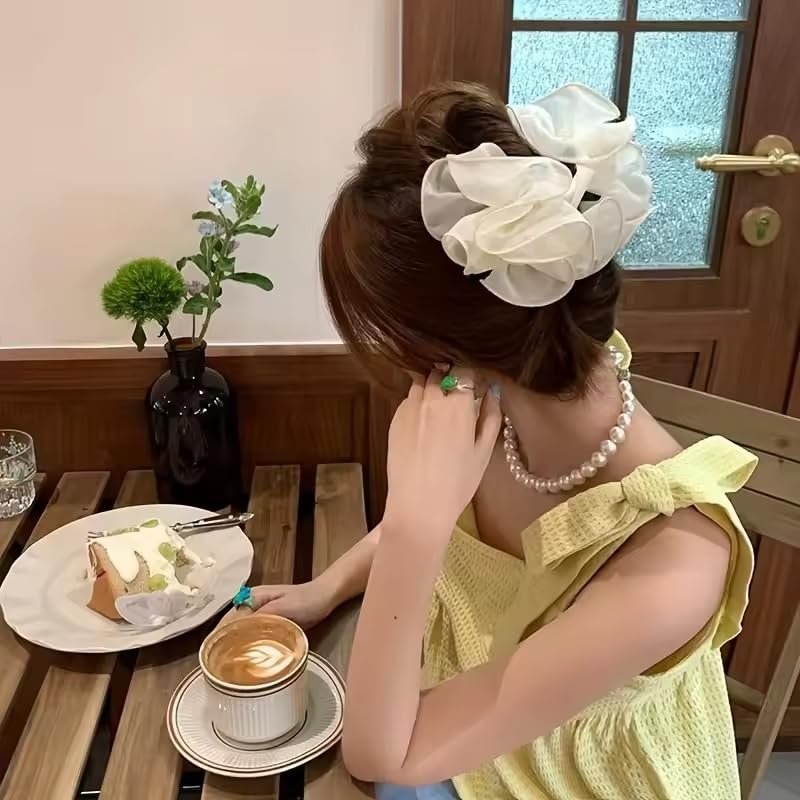 El Regalo 1pc Bohemian Large Flower Hair Claw Clip for Women & Girls - Elegant Multi-Layer Floral Shark Clip, Strong Grip Updo Accessory for Festive, Wedding, Party & Regular Use (White)