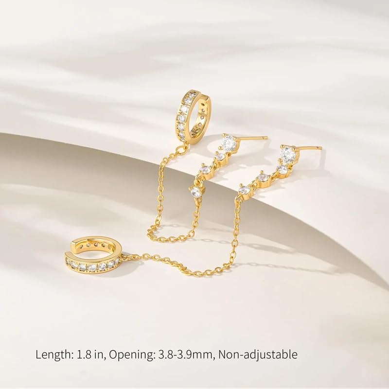El Regalo Elegant Crystal Studded Chain Cuff Earrings for Women & Girls | Handcrafted Diamond-Cut Cubic Zirconia Linked Ear Cuff with Hanging Chain | Gift for Her