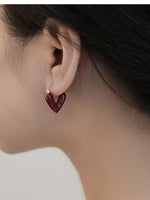 El Regalo 1Pair Love Heart Hoop Earrings- Small Oil Dripping Gold Plated Heart Earrings for Girls & Women Hoop (Dark Red)