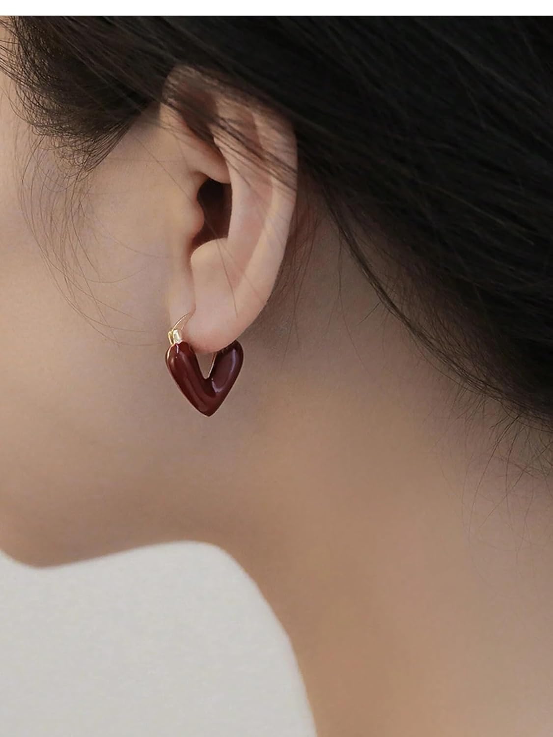 El Regalo 1Pair Love Heart Hoop Earrings- Small Oil Dripping Gold Plated Heart Earrings for Girls & Women Hoop (Dark Red)