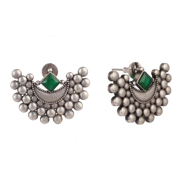 El Regalo Oxidized Earrings for Women- Moon Inspired Silver Lookalike Statement Brass Earrings in Antique Silver Finish (Green)