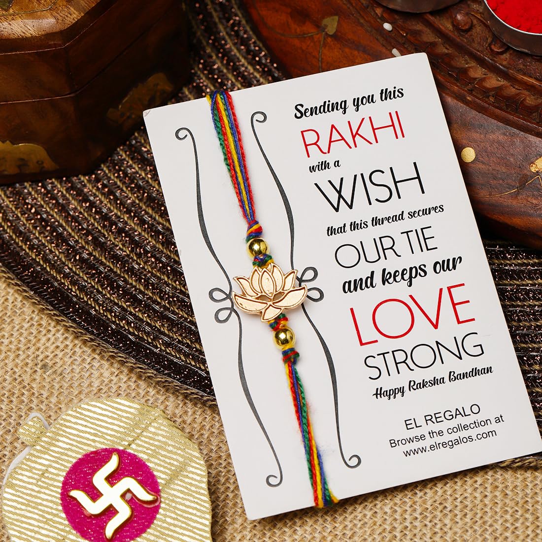 El Regalo 1PC Simple Lotus Flower Rakhi for Brother- Minimalist Lotus Thread Rakhi with Roli Chawal, Rakhi Message Card in Rakhi Gift Box (Option-6)