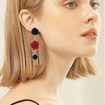 El Regalo Vintage Resin Rose Flower Stud Earrings for Girls & Women - Pretty Blooming Carved Rose Dangle Drop Earrings Statement Jewelry (Black & Red)