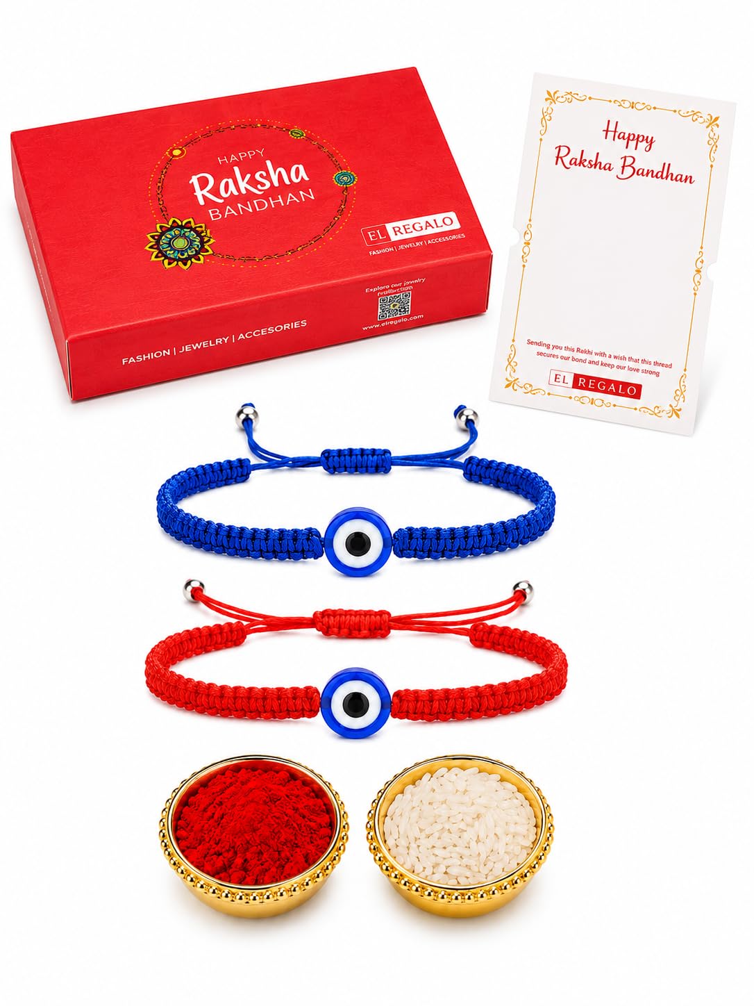 El Regalo Evil Eye Rakhi Combo for Brother - 2 PCs Lucky Kabbalah Blue Turkish Evil Eye Hamasa Hand Red Macrame Rakhi Set for Bhaiya/Bhai/Brother (Evil Eye Rakhi Set- Style 3)