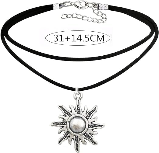 El Regalo 1PC Retro Gothic Sun or Crescent Moon Charm Choker Necklace- Faux Leather Double Layer Sun/Moon Pendant Necklace for Girls & Women (Gothic Sun)