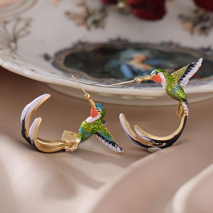 El Regalo Colorful Hummingbird Stud Earrings - Hand-Painted Enamel Bird Hoop Studs for Women & Girls | Elegant Nature-Inspired Fashion Jewelry