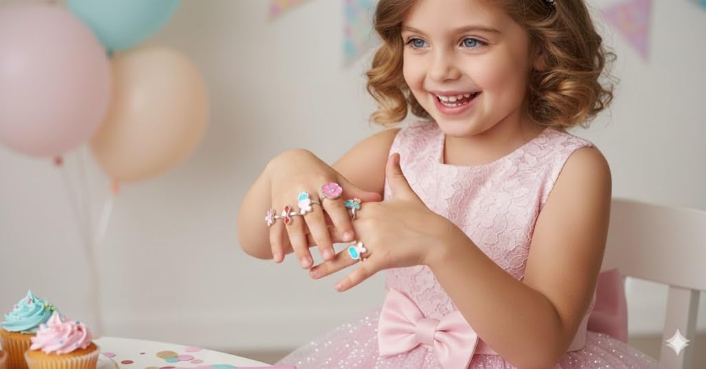 El Regalo 12 Pcs Cute Adjustable Rings Set for Kids/Girls/Women - Colorful Cartoon Enamel Finger Rings | Adjustable Cute Jewelry Gift Box - Butterfly, Flower, Bow, Heart, Cherry Designs (Style-3)