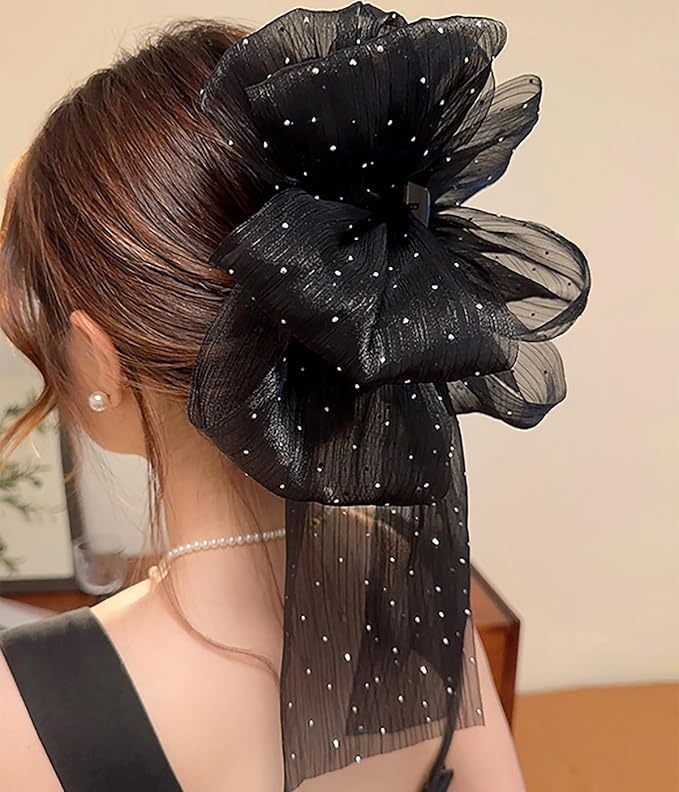 El Regalo Shimmering Big Bow Hair Claw Clips for Girls & Women- Fancy Chiffon Silk Hair Clip with Rhinestone, Large Hair Jaw Clips, Fabric Floral Bows Hair Accessories (White)