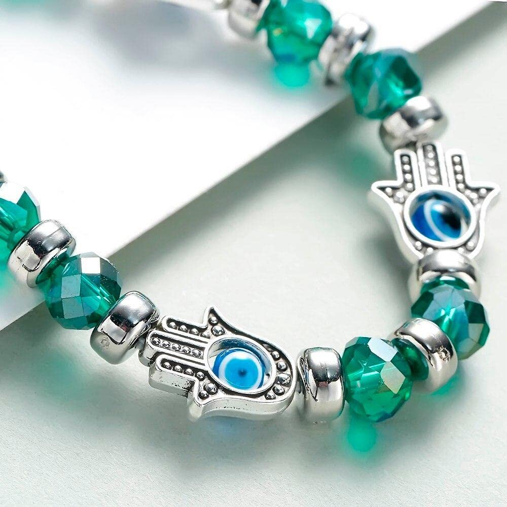 El Regalo 1 PC Evil Eye Crystal Beads Unisex Bracelets For Women Men Girls Boys - Hamsa Hand Fatima Beads Charms Elastic Bracelet Pulsera Jewelry (Green Crystal Evil Eye Bracelet)