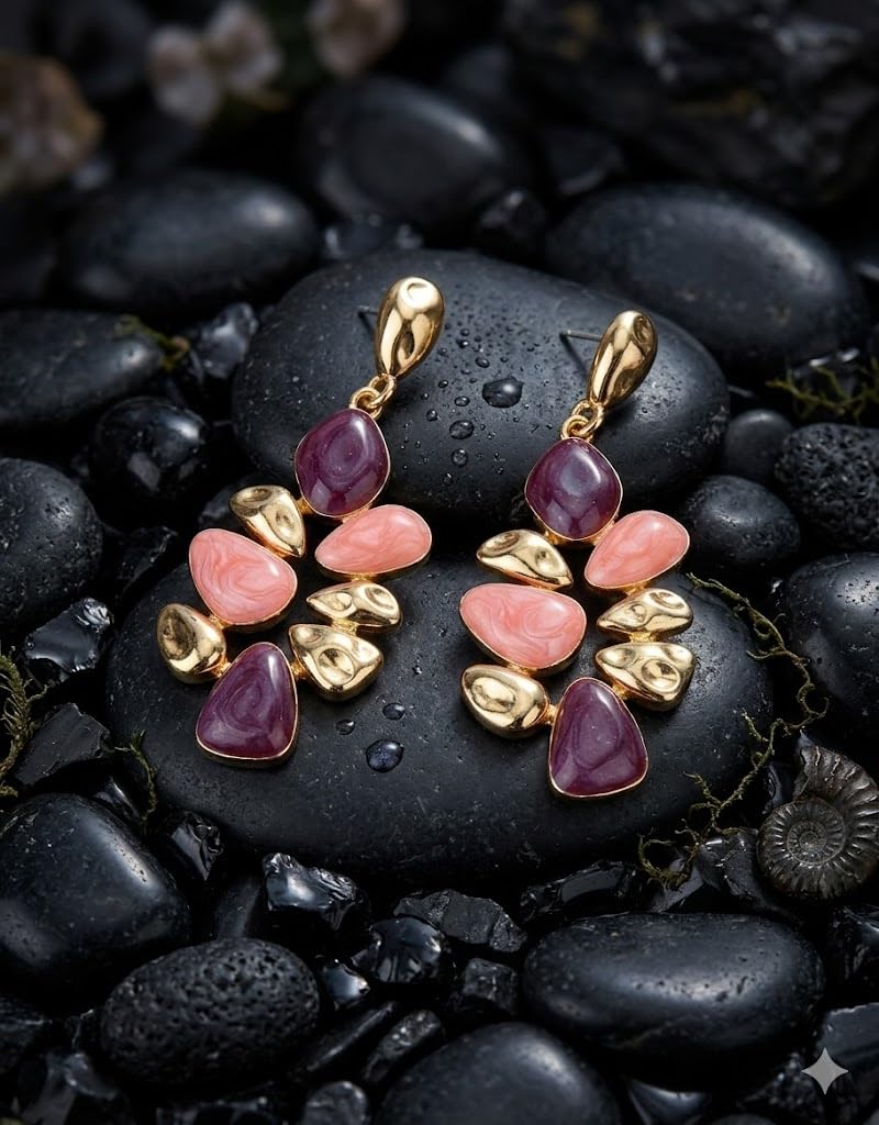 El Regalo Boho Statement Dangle Earrings for Women | Multicolor Resin Stone Drop Earrings | Party, Wedding, Festive & Casual Fashion Jewellery | Light Long Earrings (Red)