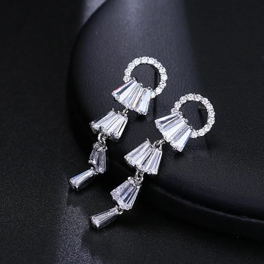 El Regalo Chandelier Earrings with Slender Crystal Baguettes - Silver Plated Drop Pendant CZ Earrings for Women & Girls - Full Paved Cubic Zirconia Crystal Hanging Earrings