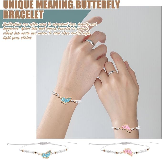 El Regalo 2PCs Butterfly Friendship Bracelets Set for Girls - Adjustable Handmade BFF Strand Bracelets for Best Friends - Symbolic Matching Jewelry for Birthday, Christmas, Graduation, Anniversary (White)