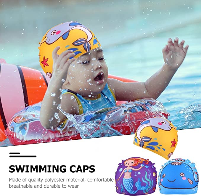 El Regalo 2 PCs Swim Cap Kids/Toddlers, Comfortable Breathable Polyester Fabric Swimming Caps Cute Cartoon Dolphin, Shark, Owl, Mermaid Fairy, Unicorn, Giraffe Swim Caps (Yellow Dolphin & Car)