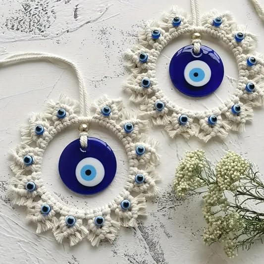 El Regalo Macrame Nazar Battu Wall Hanging with Big Evil Eye Charm | Handmade Bohemian Style Wall Decor for Home & Office | Macrame Evil Eye Protection Hanging (6.3 Inches Diameter)
