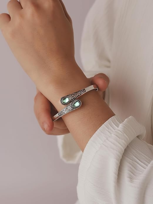 El Regalo Vintage Ethnic Style Inlaid Imitation Stone Cuff Bracelet - Adjustable Elegant Open Bangle for Women & Teenagers, Good for Small Wrists