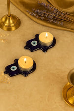 El Regalo 2PCs Evil Eye Tea Light Candle Holders for Diwali Decoration - Premium Glass Diya Set for Home, Festive Decor, Vastu Protection (Hamsa Hand Evil Eye)