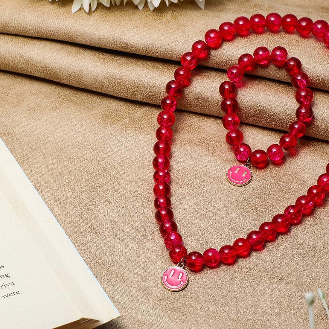 El Regalo 2 PCs Shiny Crackled Beads Kids Girls Necklace & Bracelet Jewelry Sets - Cute Kids Charms Jewelry with Sparkly Beads for Kids/Toddlers Girls (Smily Jewelry Set)