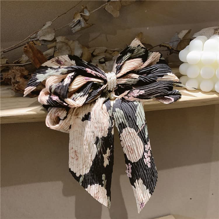 El Regalo Big Bow Floral Hair Clip- Long Ribbon Streamer Super Fairy Fashion Hair Accessories Head Hairpin Headdress Hair accessories for Girls/Women (Black)