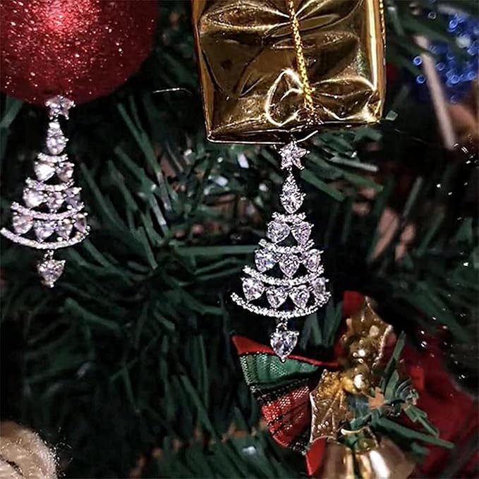 El Regalo CZ Dangling Christmas Tree Stud Earrings for Women & Girls- Rhinestone In-Laid Christmas Tree Dangle Earrings (Silver)