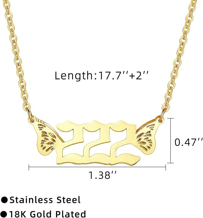 El Regalo Small Butterfly Wings Angel Number Necklace- Stainless Steel, Anti Tarnish, Angel Number Numerology Jewelry for Women & Girls (Angel Number 222)