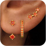 El Regalo 3 Pairs CZ Earrings Set - 14K Gold Plated Dainty Stud & Huggie Small Hoops for Women | Cartilage Earrings for Multiple Piercing | Trendy Stacking Jewellery (Orange)