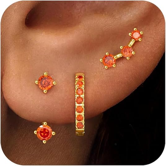 El Regalo 3 Pairs CZ Earrings Set - 14K Gold Plated Dainty Stud & Huggie Small Hoops for Women | Cartilage Earrings for Multiple Piercing | Trendy Stacking Jewellery (Orange)