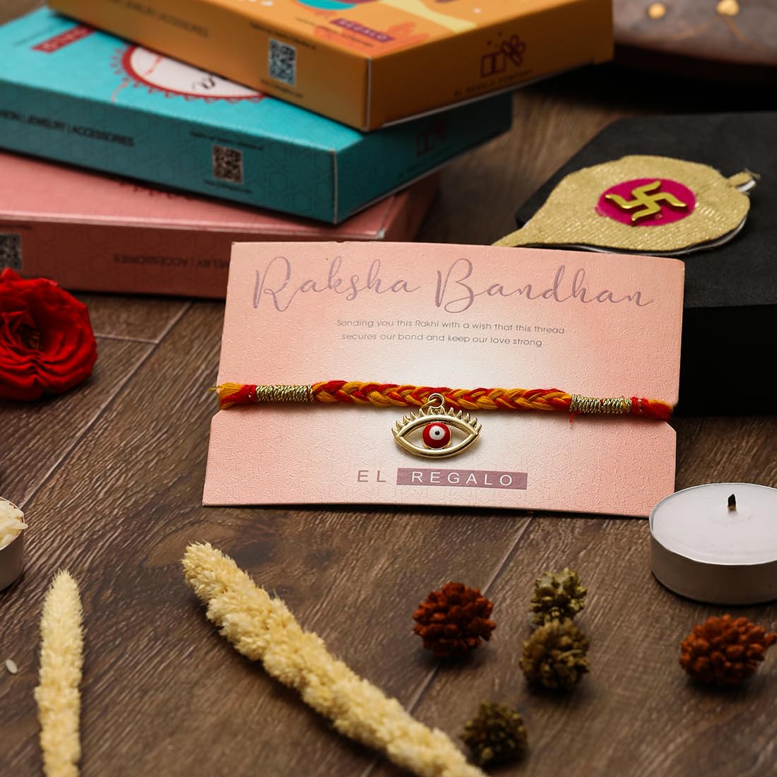 El Regalo 1 PC Moli Rakhi for Bhaiya - Rakshabandhan Moli Charms Rakhi with Message Card & Roli Chawal Shagun in Rakhi Box (Evil Eye Moli Rakhi-2)