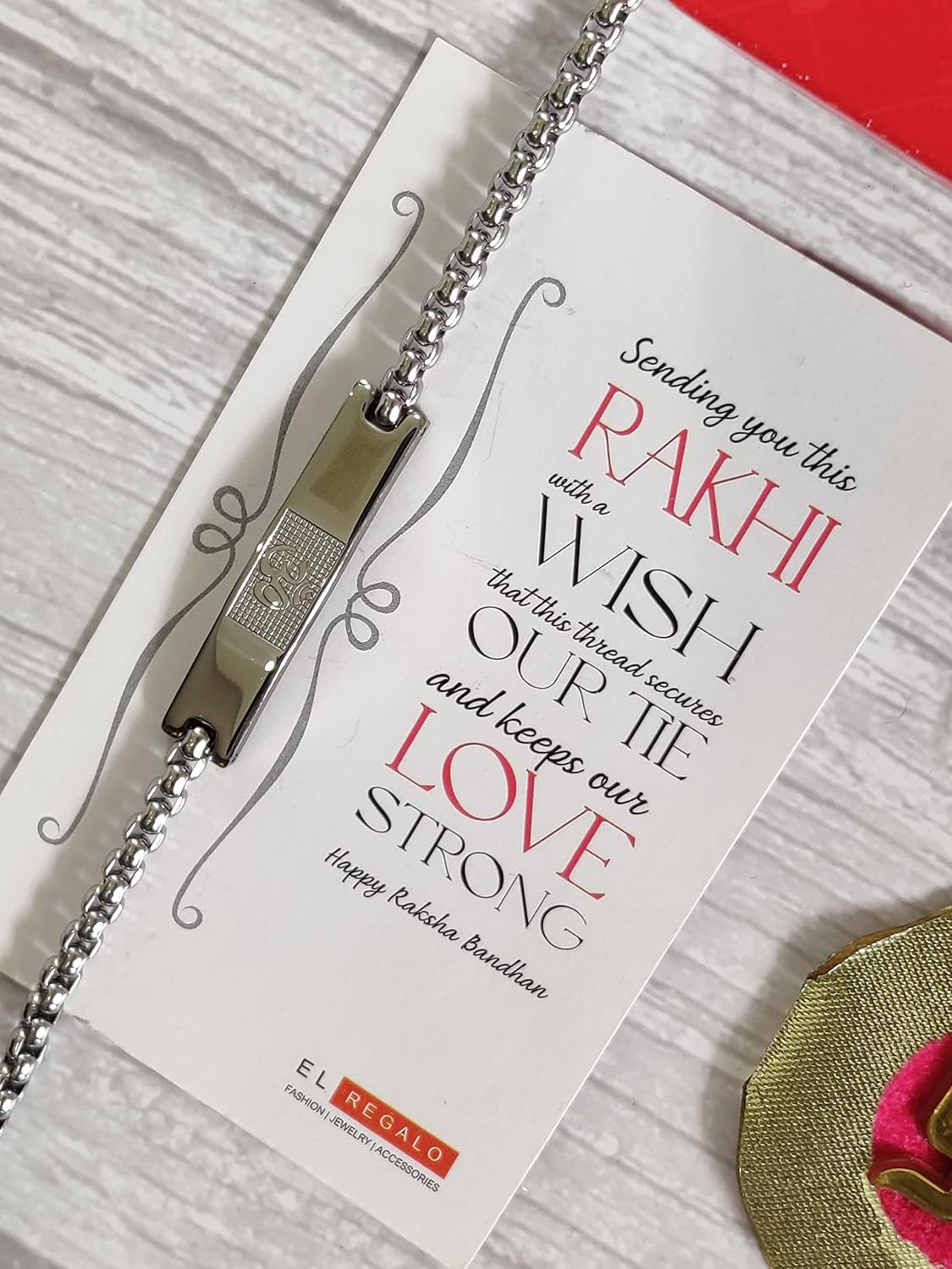 El Regalo 1 PC Stainless Steel OM Chain Rakhi for Brother/Bhai/Bhatija- Statement Cuban Chain OM Rakhi with shagun, Rakhi Message Card in Rakhi Gift Box (Style-1)