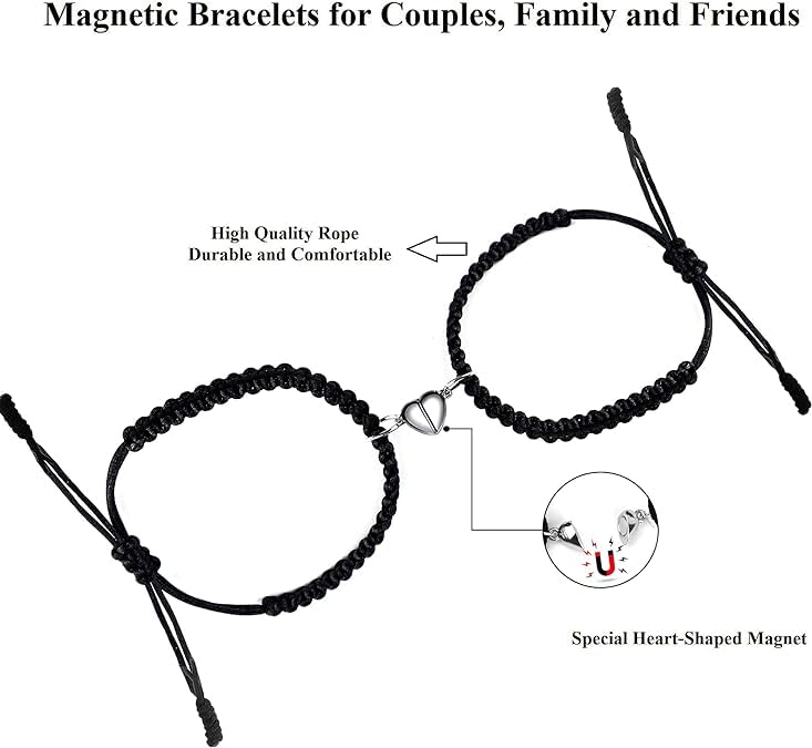 El Regalo Unisex-Adult 2PCs BFF Best Friend Magnetic Heart Couple Bracelet Set for Couples/Best Friends/Besties/Lovers (Both Black Heart)