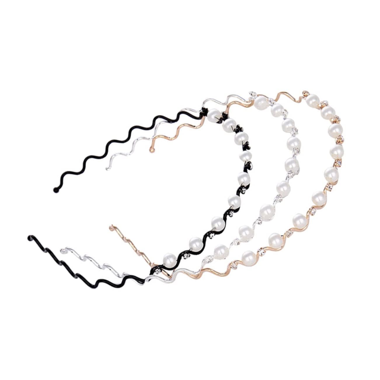 El Regalo Womens & Girls 3 Pcs Pearls Reheinstnes Hairbands Set- 3Pcs Wave Shape Headbands Pearls Rhinestones Inalid Fashion Hair Bands