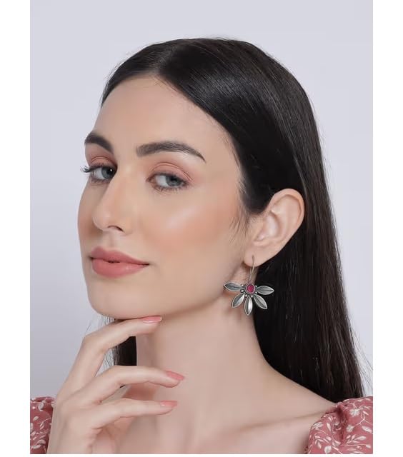El Regalo Silver toned Oxidized Hook Earrings for Girls & Women- Red Stones Handcrafted Ethnic Tribal Boho Traditional Earrings